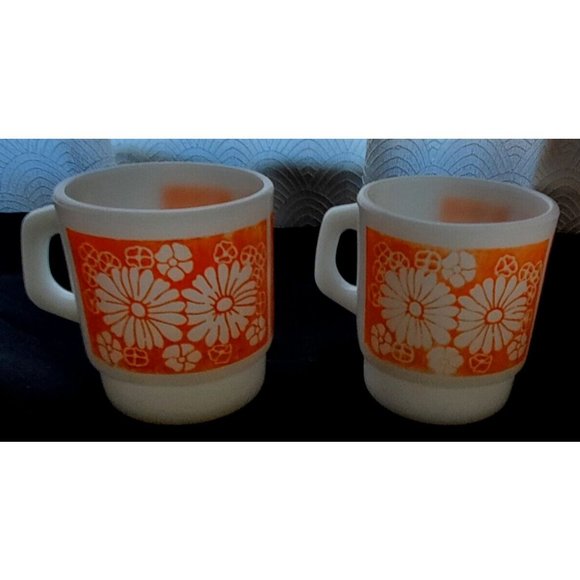 Fire King milk glass stacking mugs. Orange daisy - Picture 1 of 4